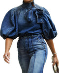 Trendy Women's Bow Accent Denim Top with Elegant Puff Sleeves