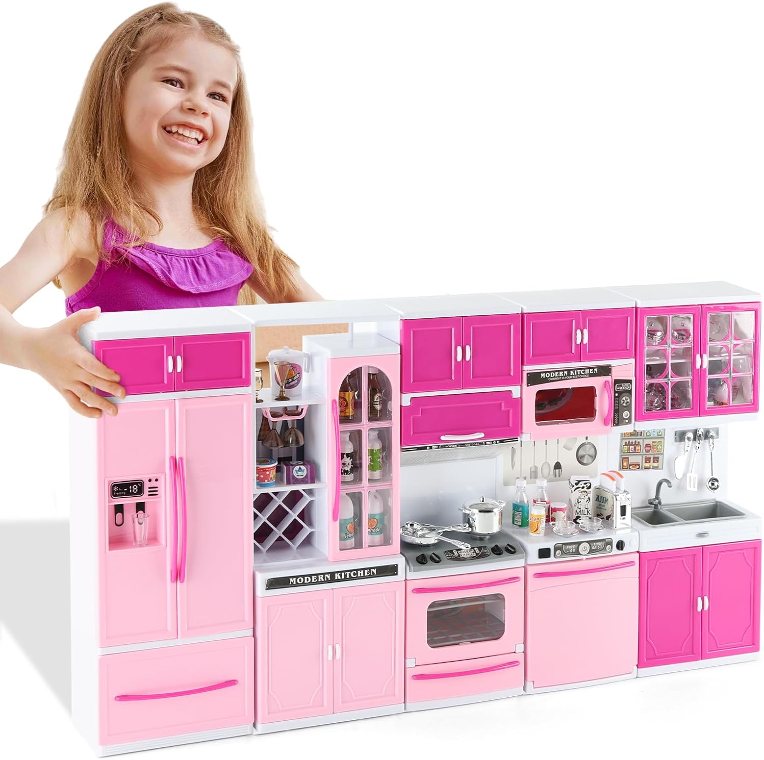 64 PCS Pink Kitchen Toys with Lights Sounds for Kids Ages 4-8
