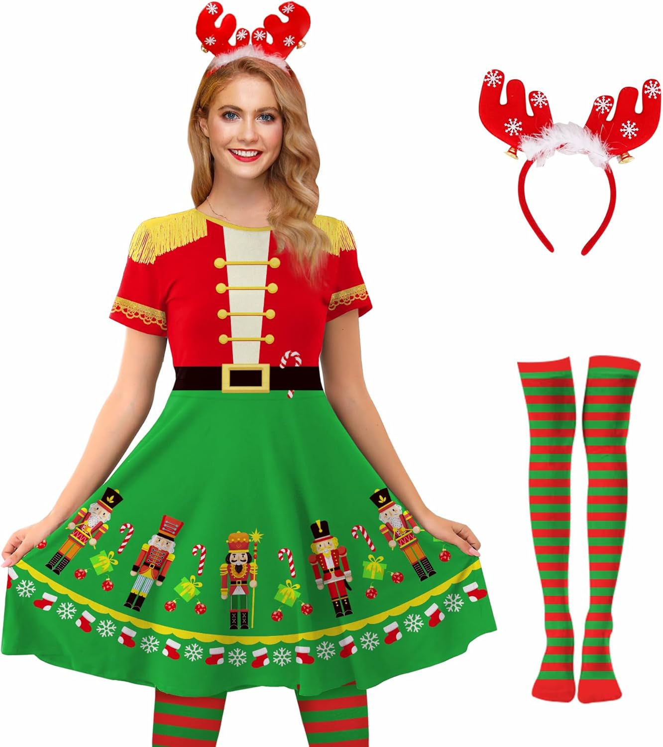 Christmas Elf Costume Short Sleeve Dress with Headband and Socks