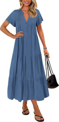 Summer Maxi Dress for Women 2025 - Flowy Tiered Button V Neck KIRUNDO