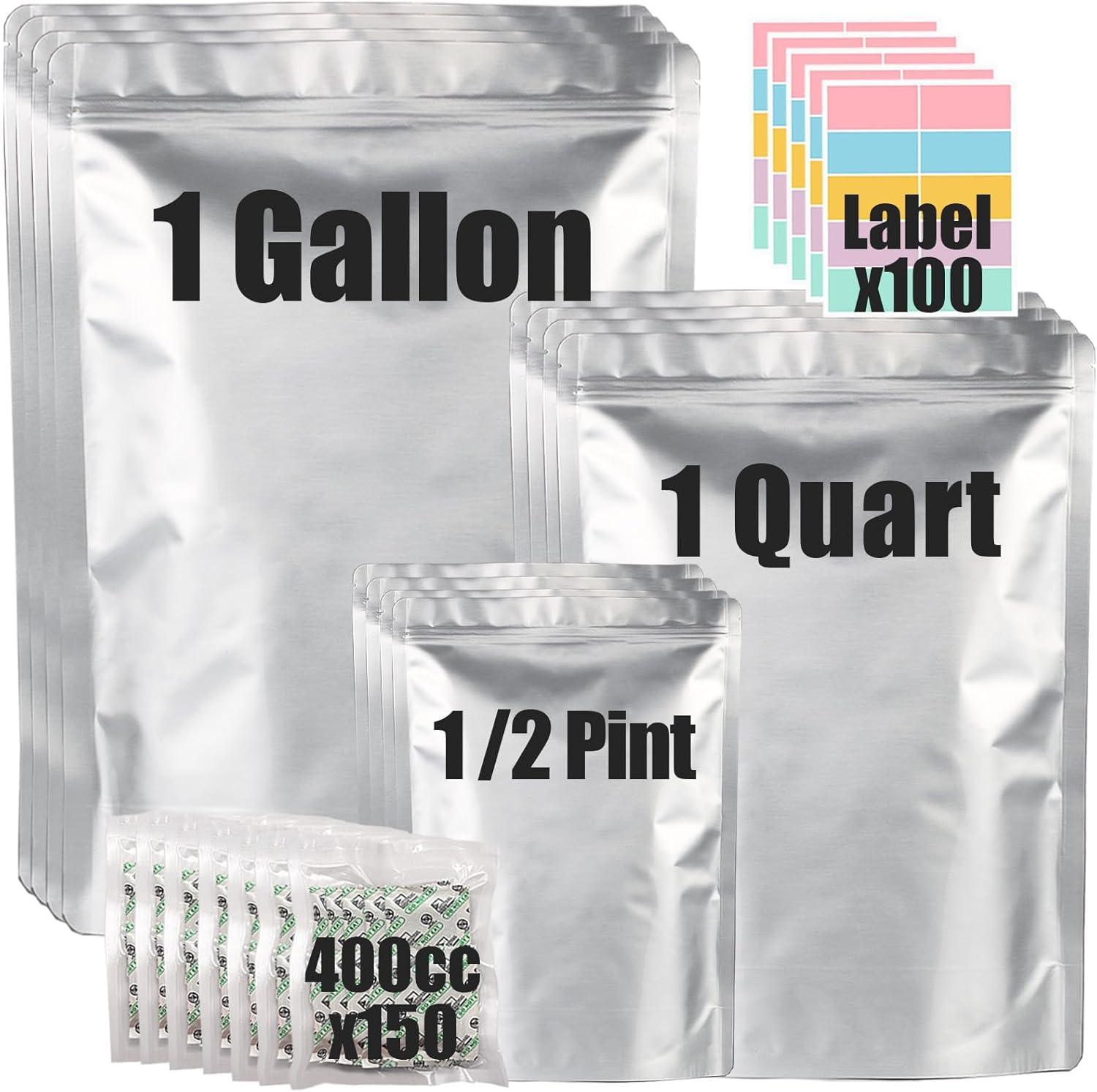 100pcs Mylar Bags for Food Storage with Oxygen Absorbers & Labels