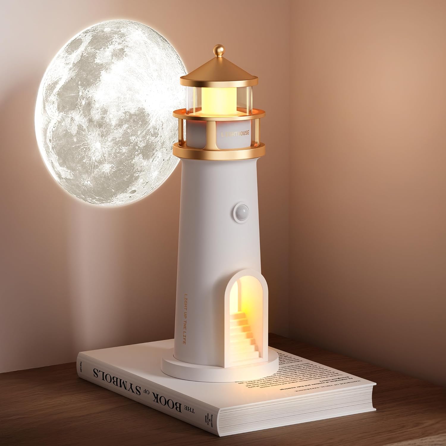Set of 2 Moon Lighthouse Night Lights - Motion Sensor, Rechargeable, Gift-Worthy