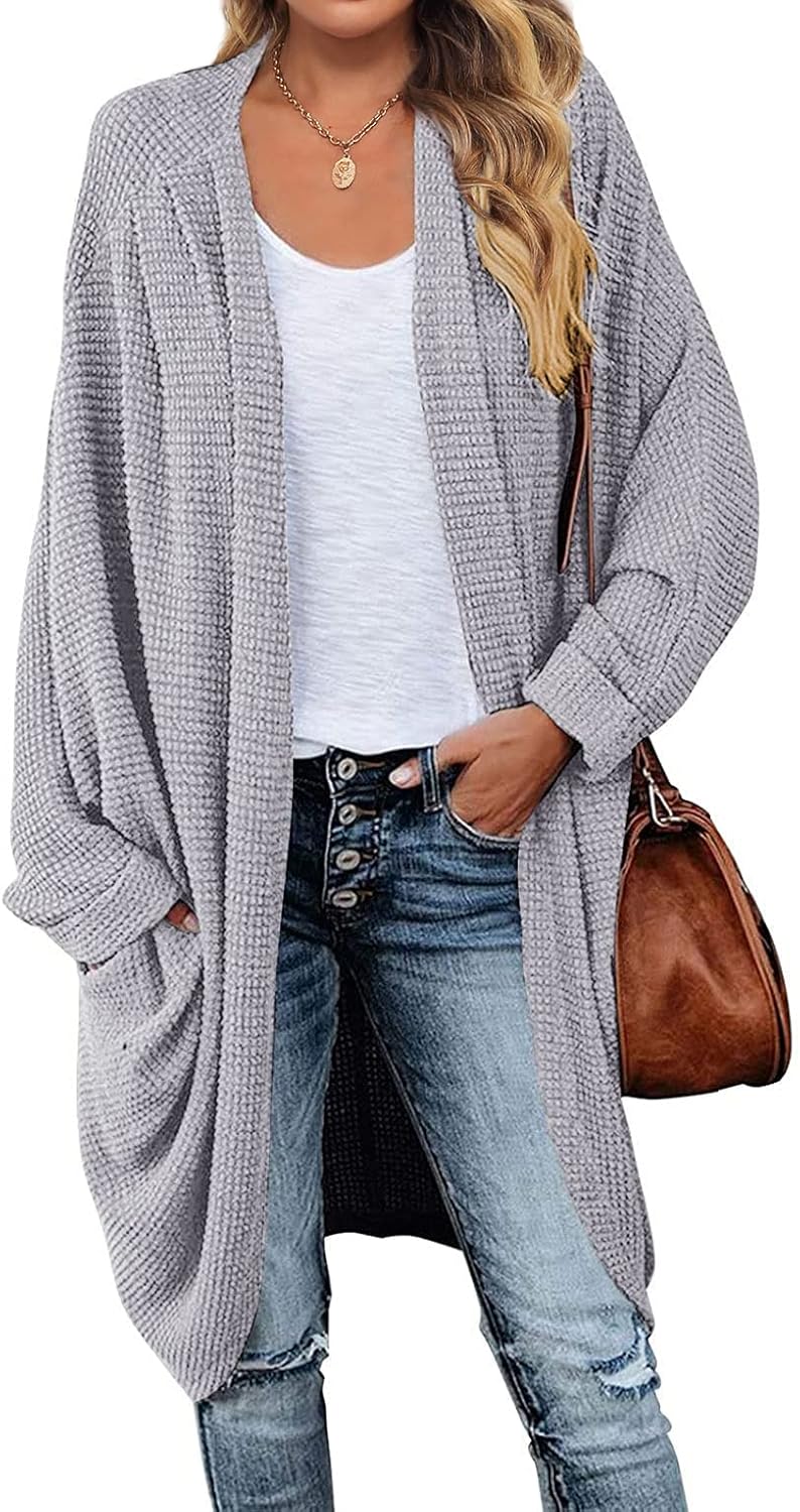 MEROKEETY Women's Waffle Knit Batwing Cardigan for Fall