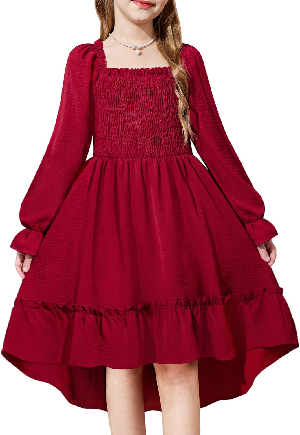 Arshiner Girls Dresses Puff Long Sleeve High Low Swing Midi Dress