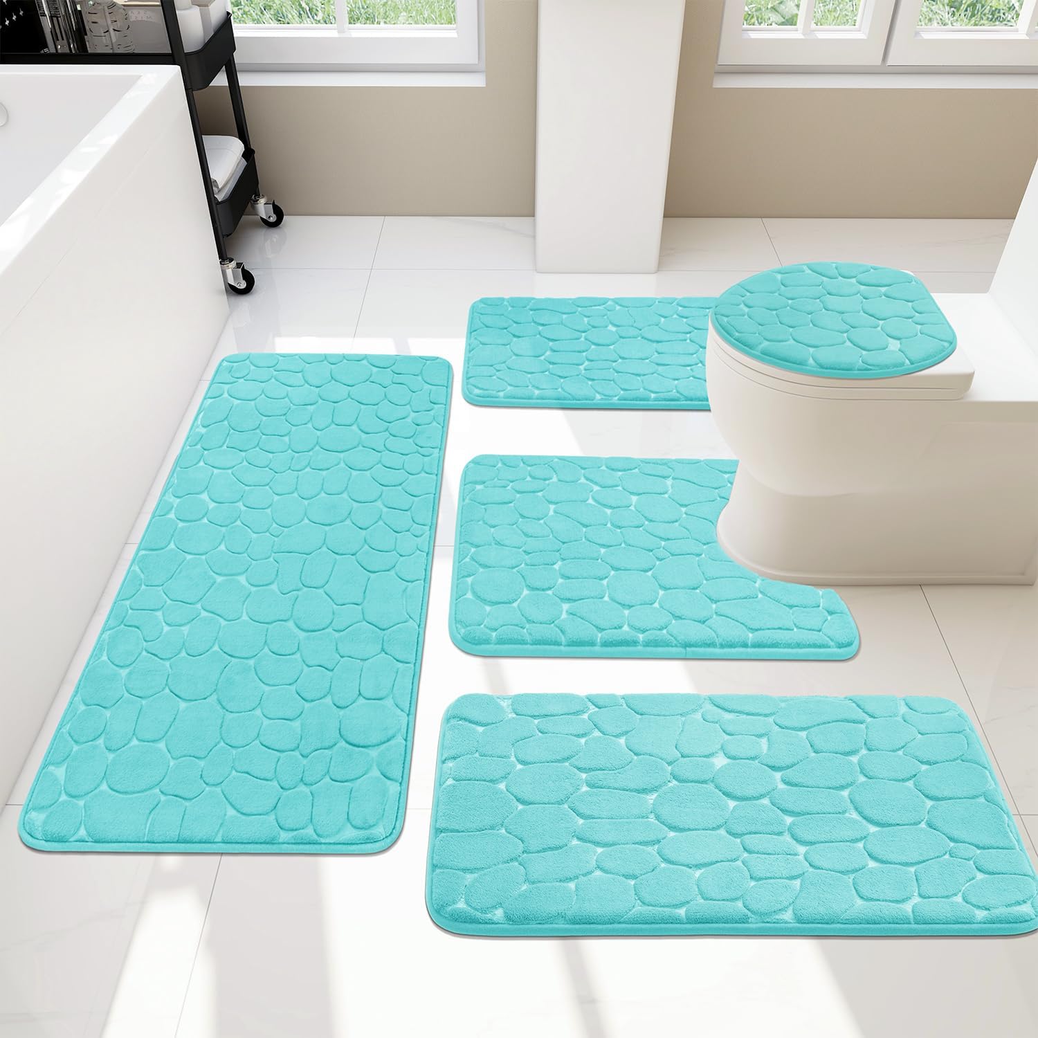 YIHOUSE Bathroom Rugs Set - 5 Piece Cobblestone Memory Foam
