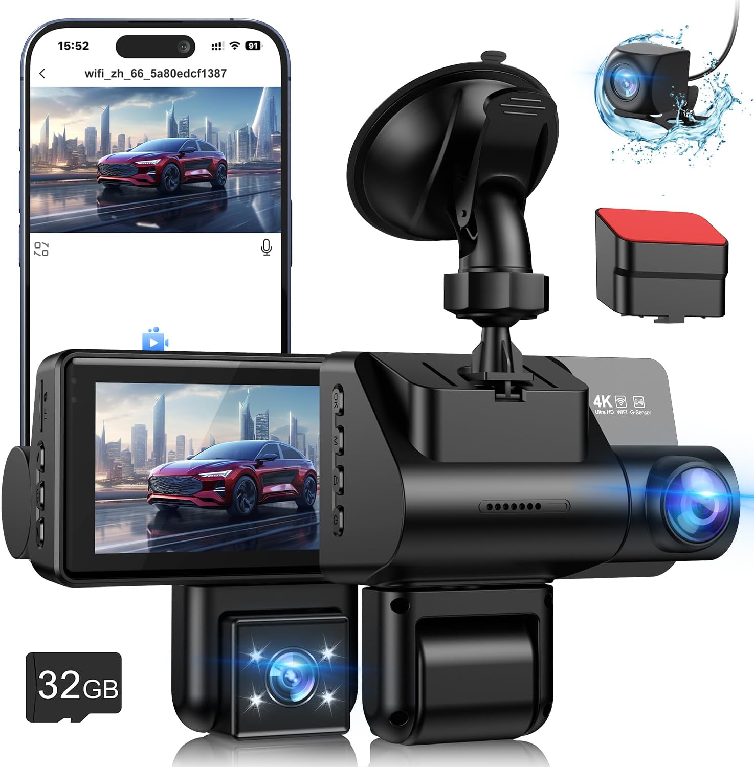 4K 3 Channel Dash Cam with Night Vision and 24H Monitoring