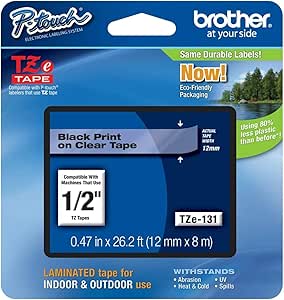 Brother P-Touch TZE-131 Tape, 1/2 in Black on Clear for All Uses