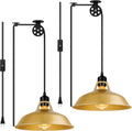 Plug in Gold Pendant Light Mid Century Barn Shade - Adjustable Pulley