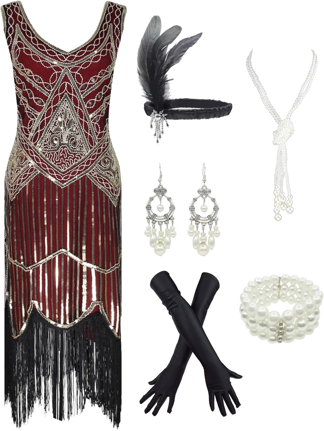 1920s Gatsby Sequin Fringed Flapper Dress with Accessories Set