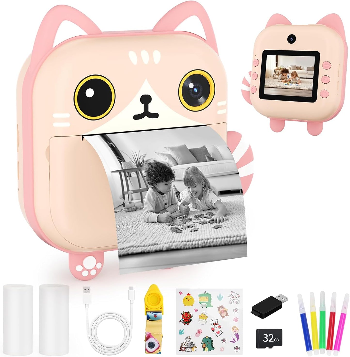 HD Instant Print Kids Camera + 32GB SD Card - Perfect Gift for Girls 3-12