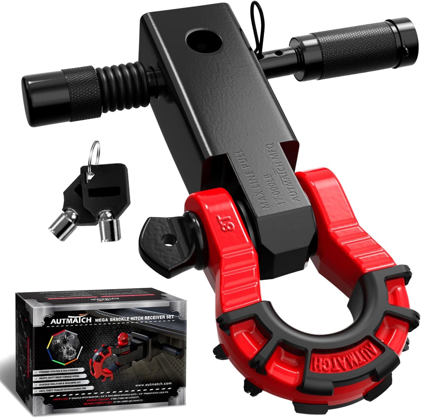 AUTMATCH Shackle Hitch Receiver 2in with Mega D Ring Shackle
