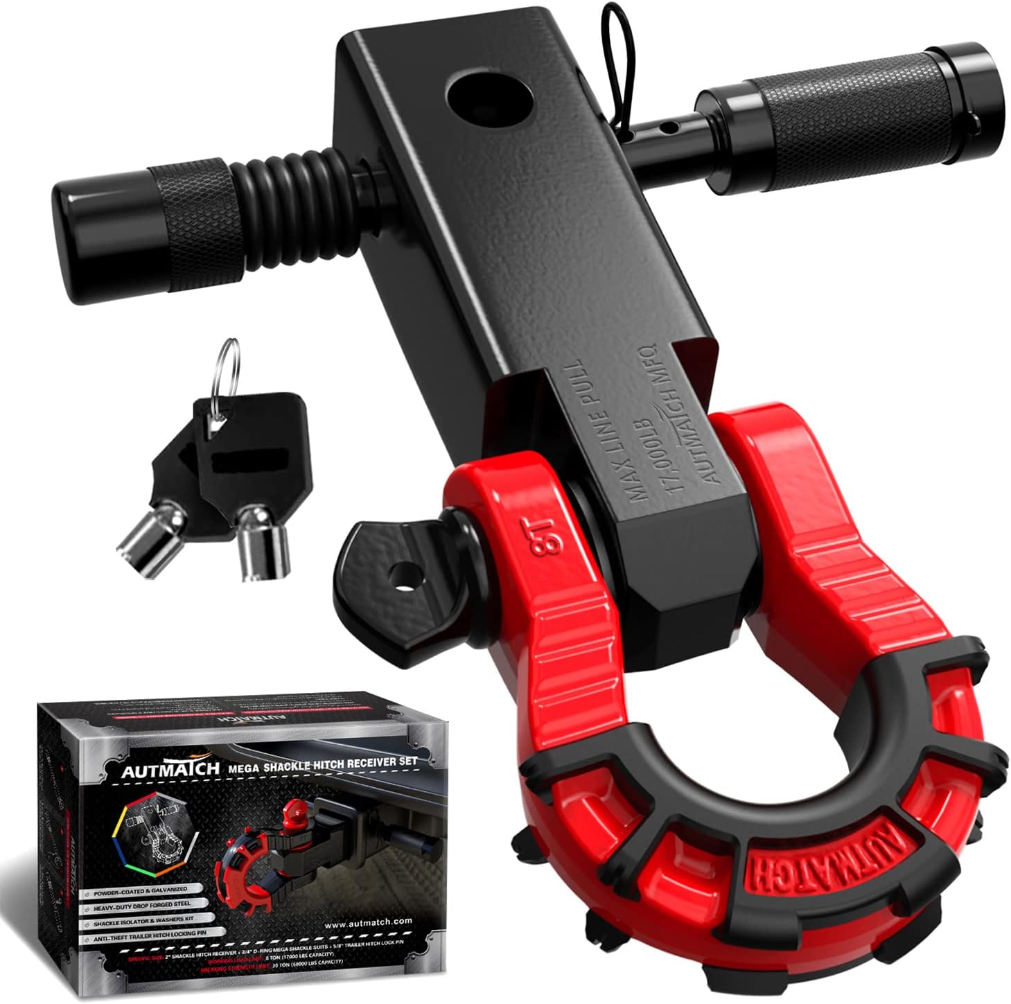 AUTMATCH Shackle Hitch Receiver 2in with Mega D Ring Shackle