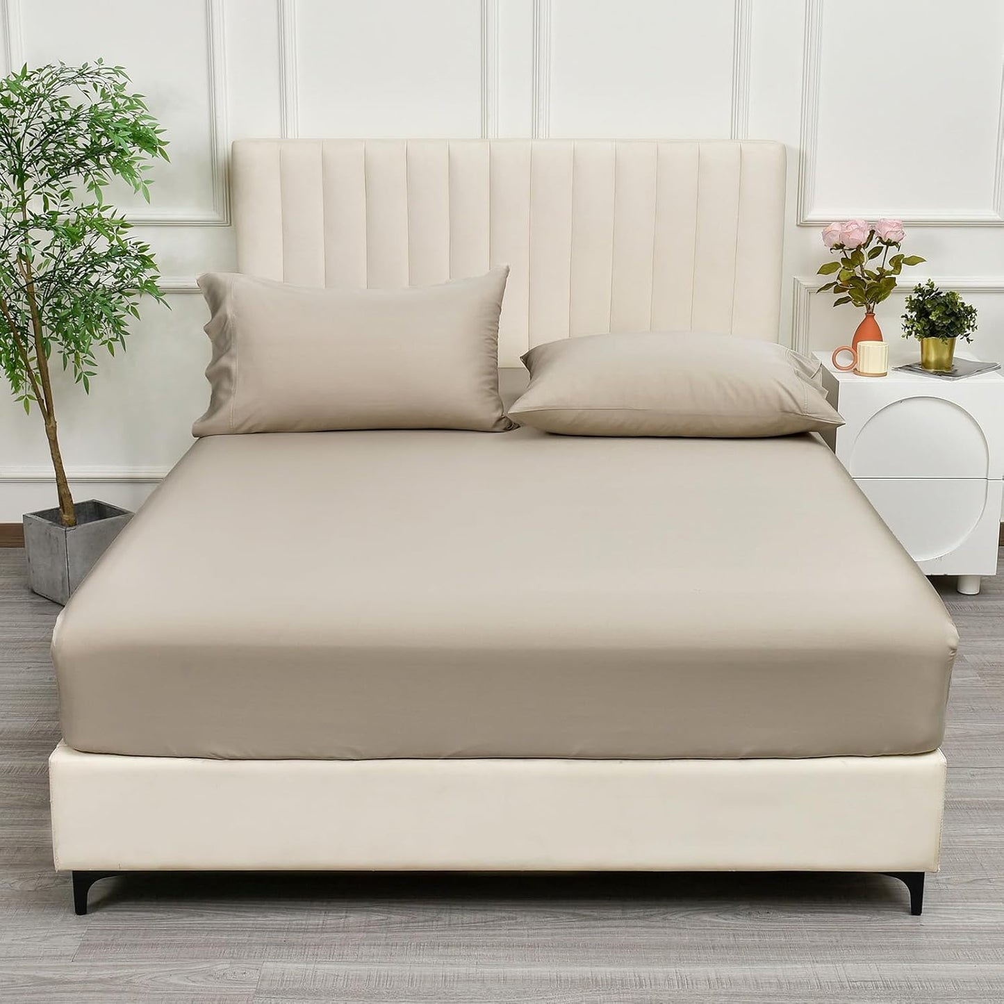 PHF Bamboo Fitted Sheet Queen Size for Hot Sleepers, Light Taupe