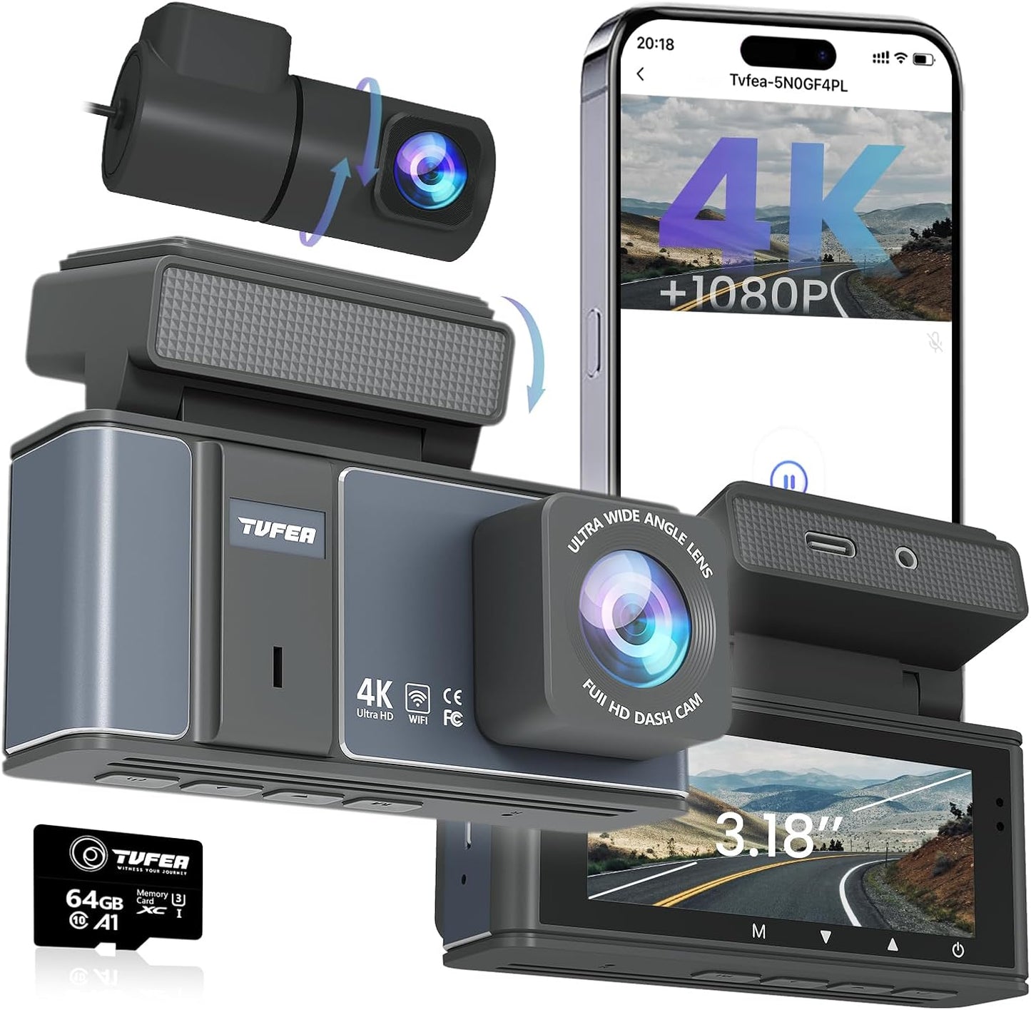 4K Dual Dash Cam: WiFi, Night Vision, 24H Parking