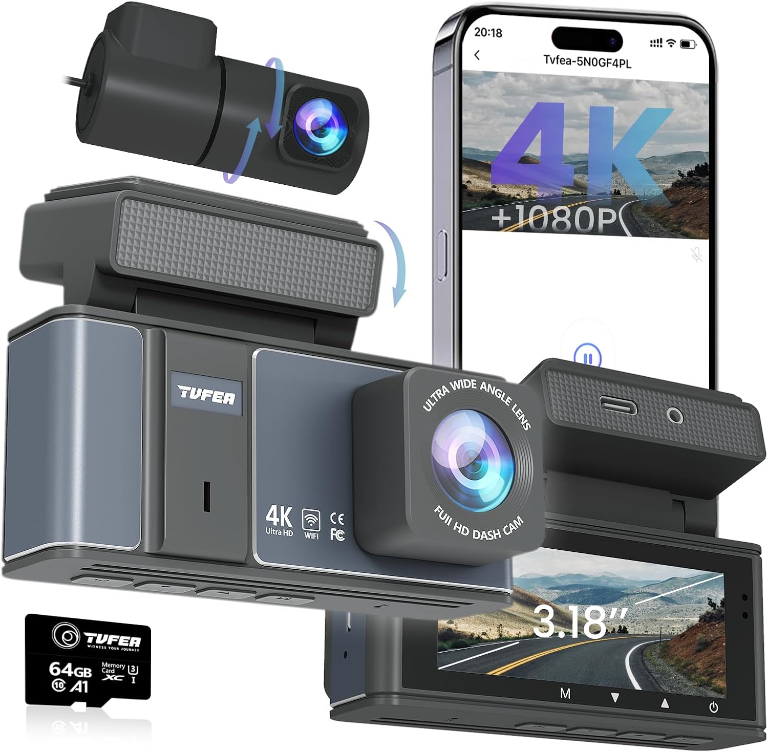 4K Dual Dash Cam: WiFi, Night Vision, 24H Parking