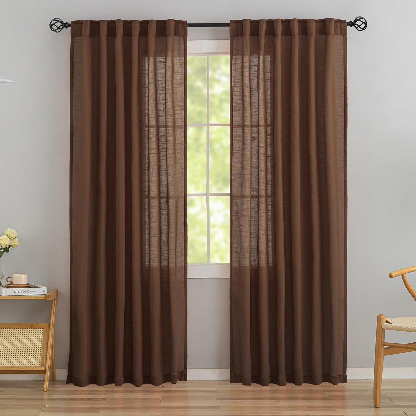 Cocoa Brown Linen Back Tab Curtains - Elegant 90 Inch Panels