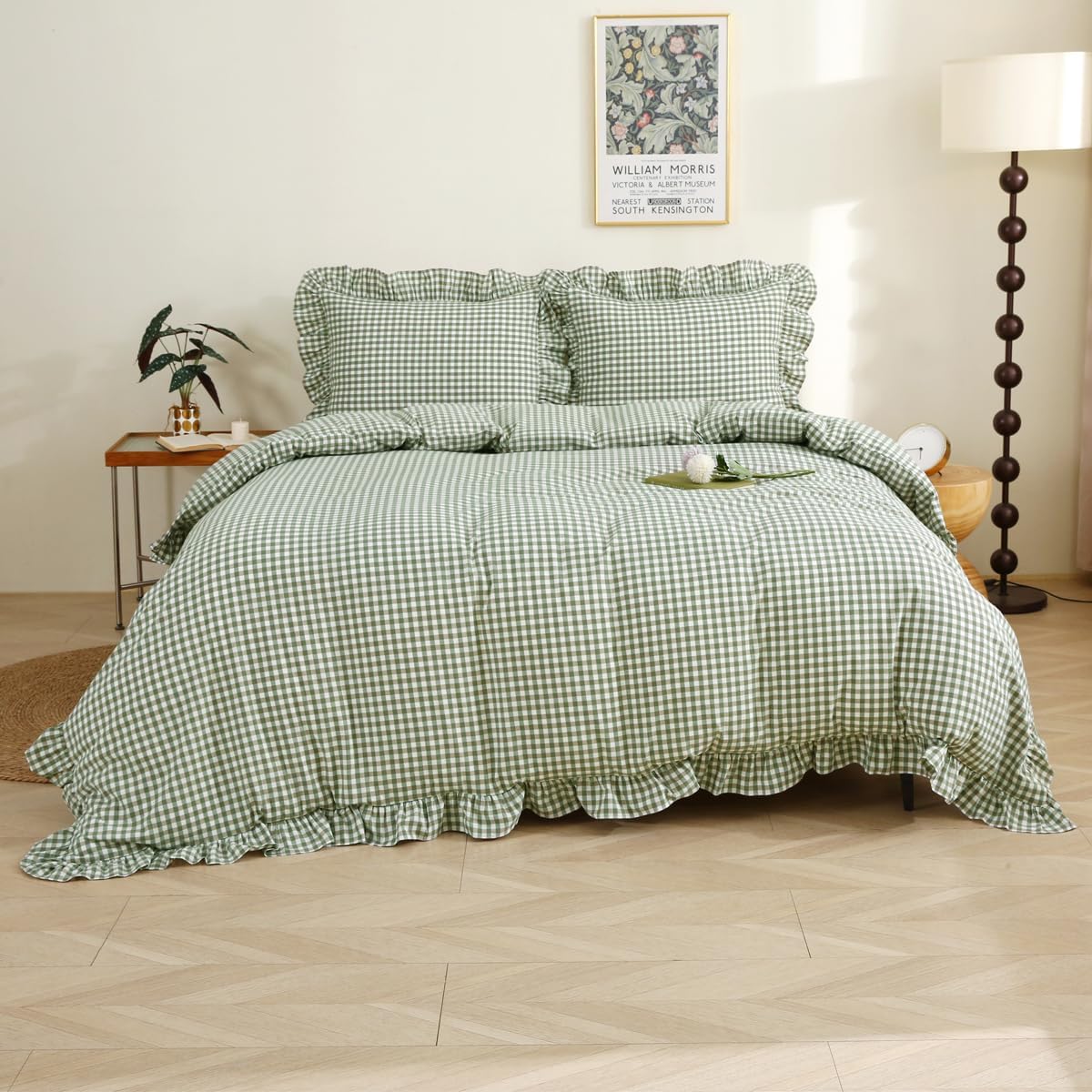 Sage Green Plaid Ruffle Duvet Cover Set for Twin Size Beds
