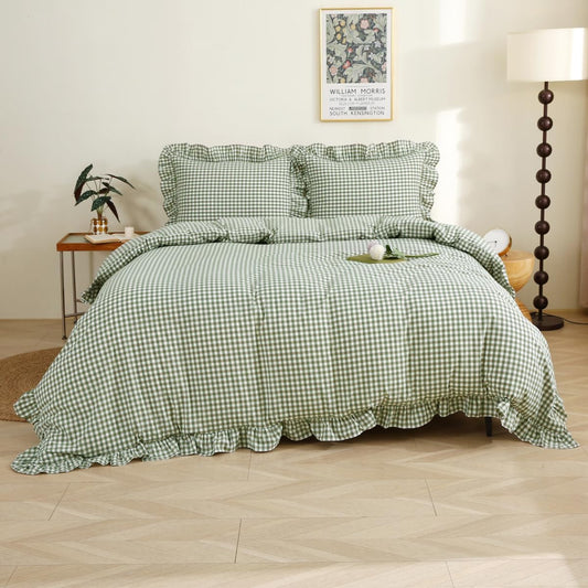 Sage Green Plaid Ruffle Duvet Cover Set for Twin Size Beds