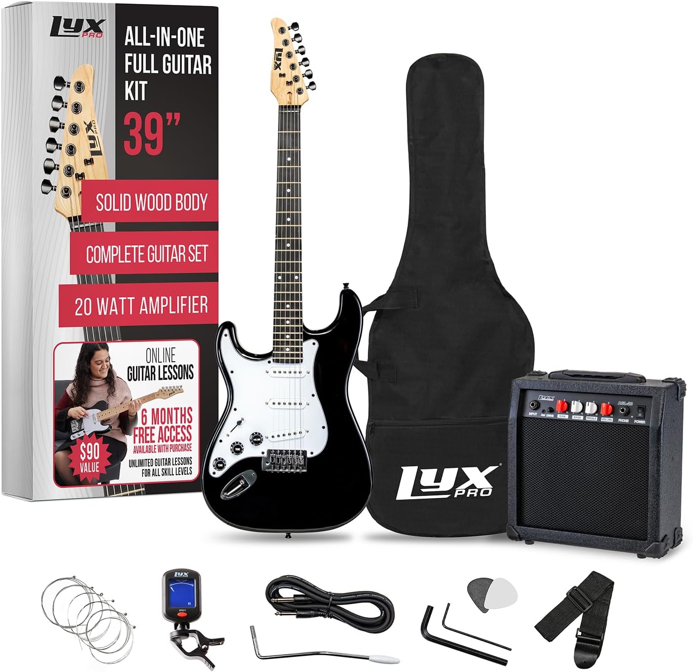 LyxPro Left-Handed Electric Guitar Starter Kit - Black