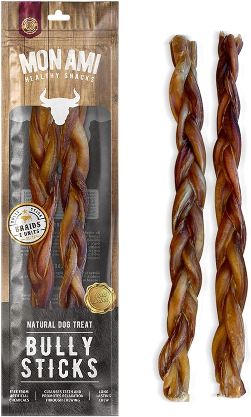 Mon Ami Braided Bully Sticks for Dogs - Natural & High Protein