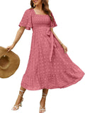 Women's Boho Flowy Square Neck Floral Midi Dress - Smocked Fit