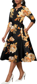 Midi Dresses for Women A-Line Fit and Flare Crewneck 3/4 Sleeve