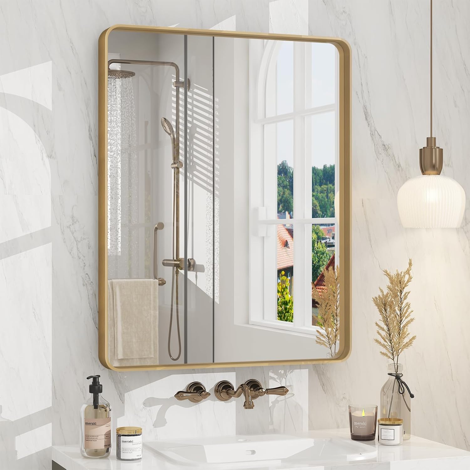 24x30 Gold Bathroom Mirror with Rounded Rectangle Frame Design