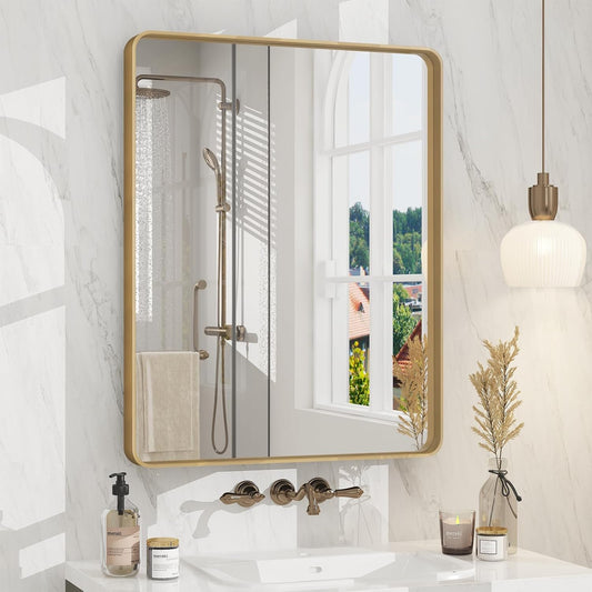 24x30 Gold Bathroom Mirror with Rounded Rectangle Frame Design