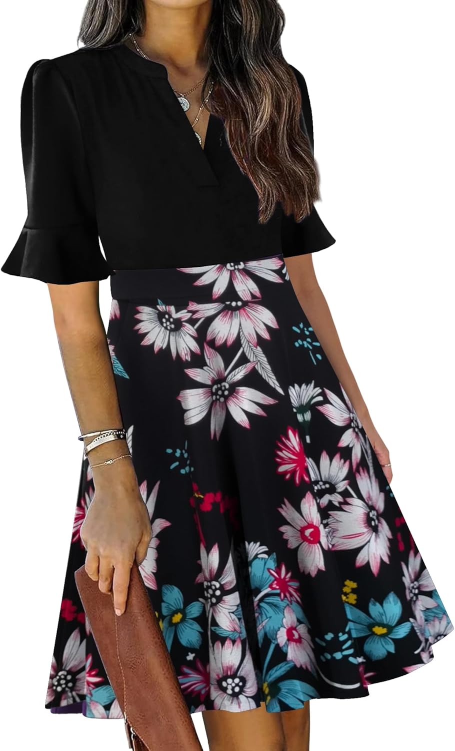 Mokayee Womens Summer V Neck Ruffle Short Sleeve Dress