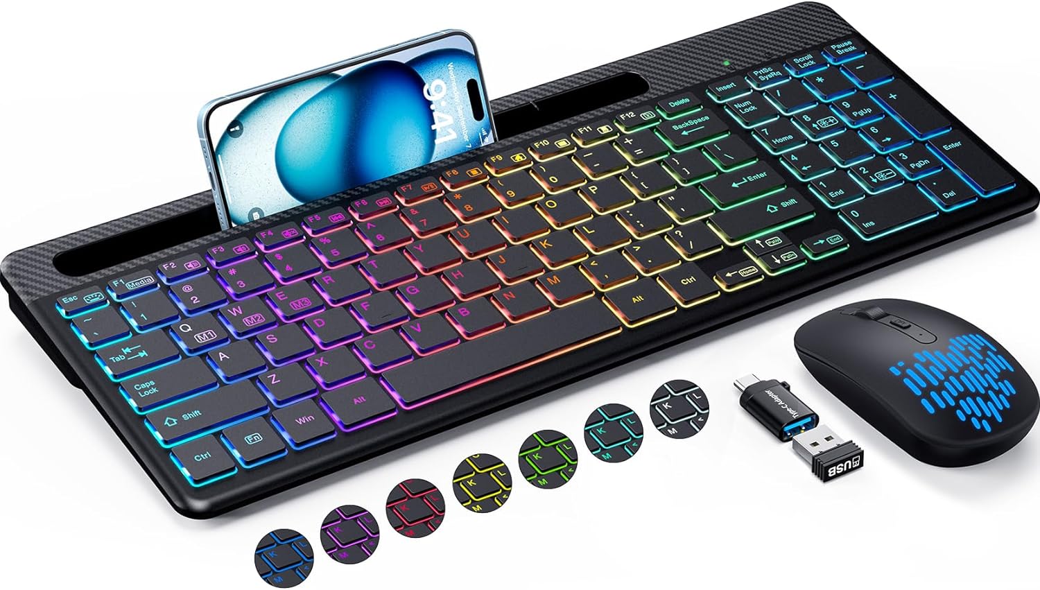 VEILZOR Wireless Keyboard & Mouse: 15 Backlit Effects, Phone Holder, Silent, Rechargeable