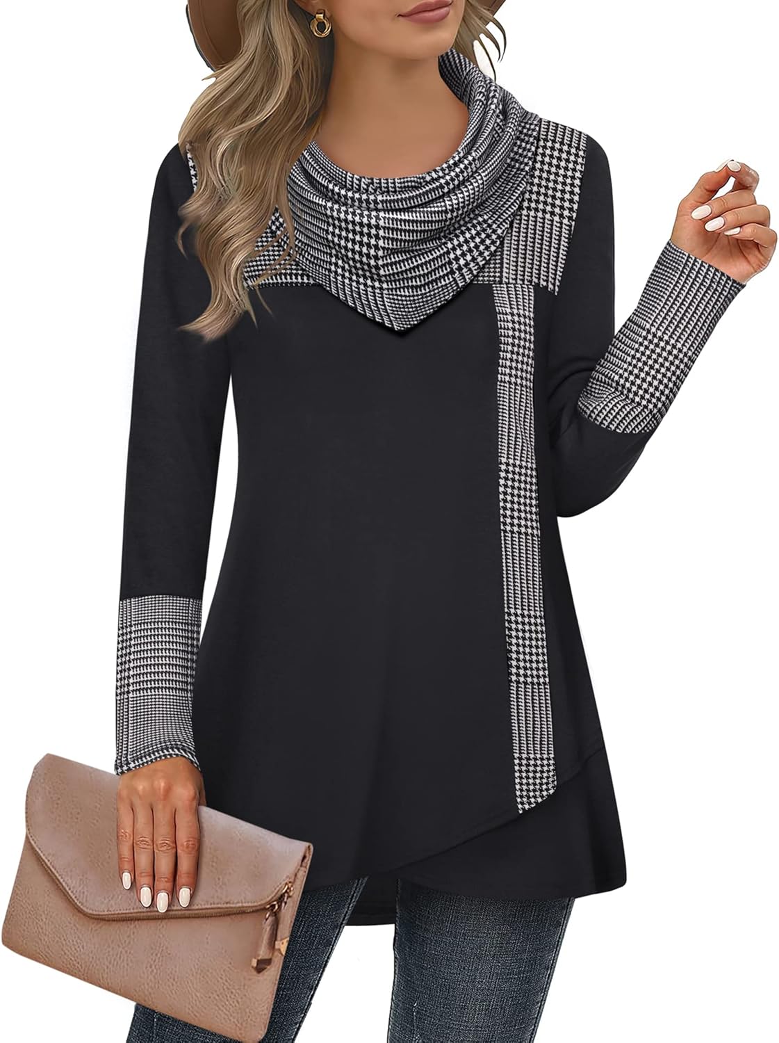 Furnex Women's Long Sleeve Cowl Neck Tunic Top for Winter Style