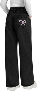 Girls Wide Leg Jeans Baggy Bow Embroidery High Elastic Waist - Trendy