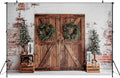 Christmas Photo Backdrop White Brick Wall and Rustic Barn Door
