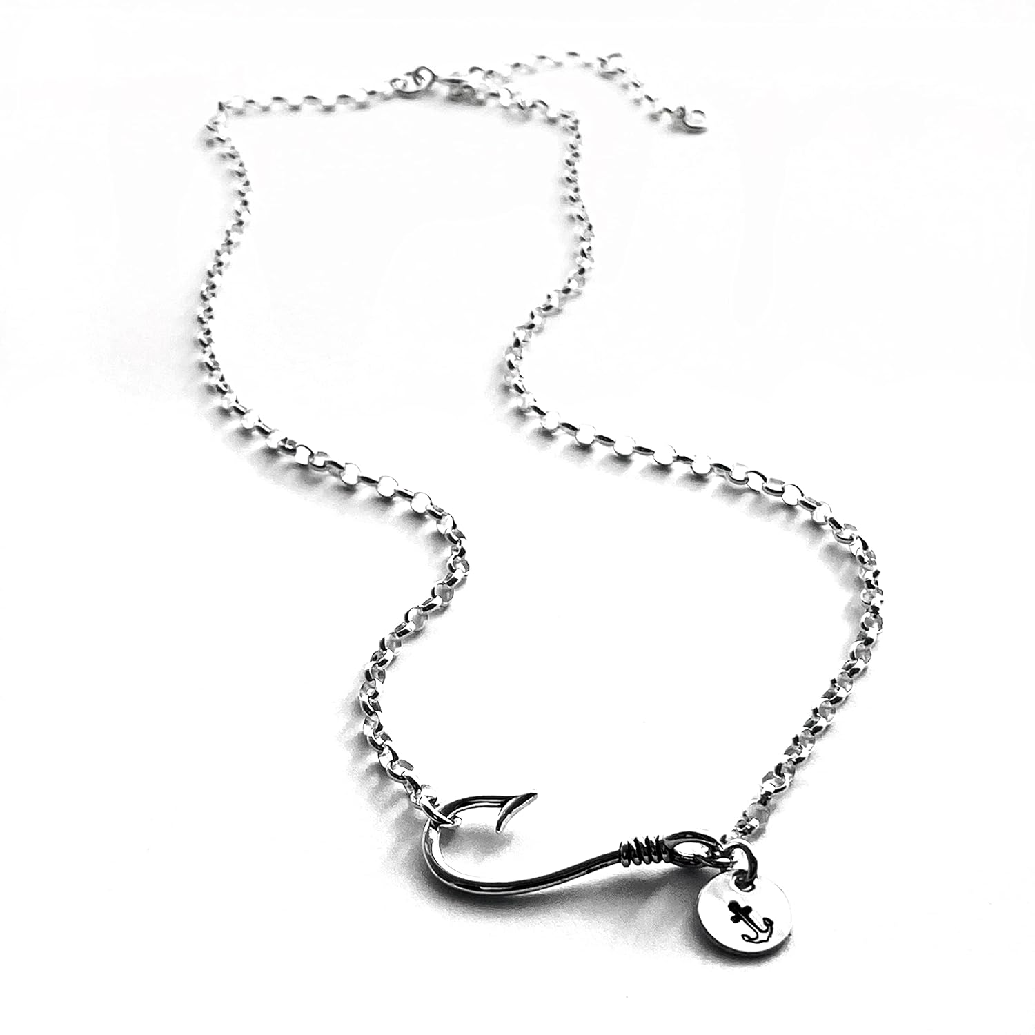 Sterling Silver Sporty Fishhook Necklace with Stamped Charm Pendant