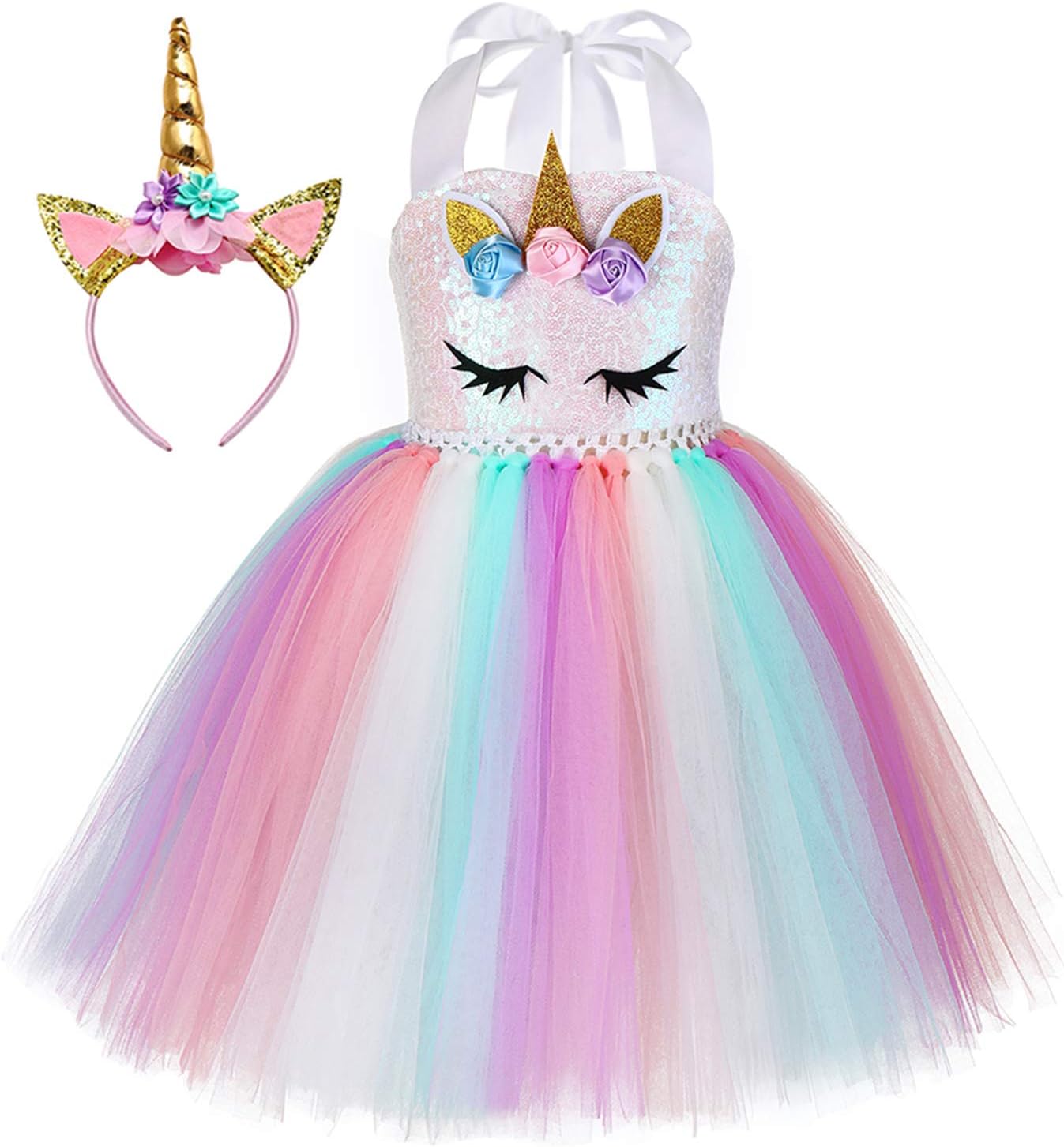Handmade Sequin Unicorn Dress for Girls 1-10Y with Headband