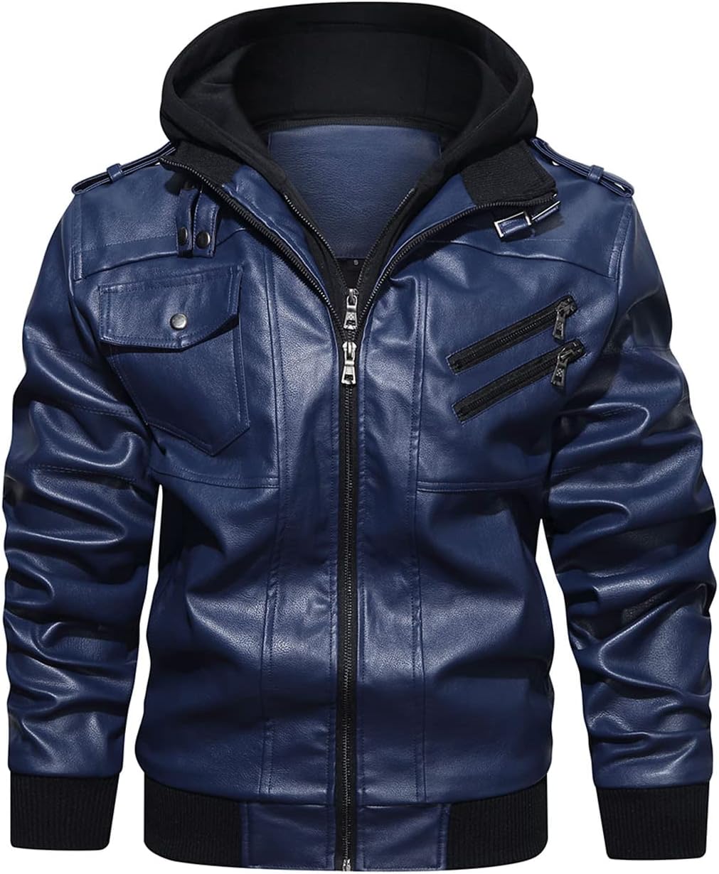 HOOD CREW Mens Casual Stand Collar PU Faux Leather Jacket