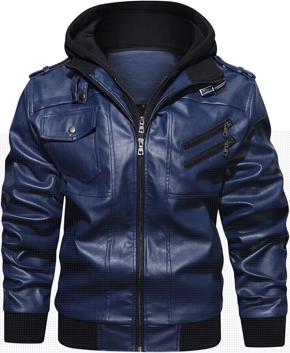 HOOD CREW Mens Casual Stand Collar PU Faux Leather Jacket