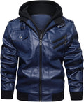Mens PU Faux Leather Zip-Up Motorcycle Bomber Jacket - Removable Hood