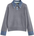 Womens Fall Oversized Long Sleeve Sweaters with Denim Panel Collar