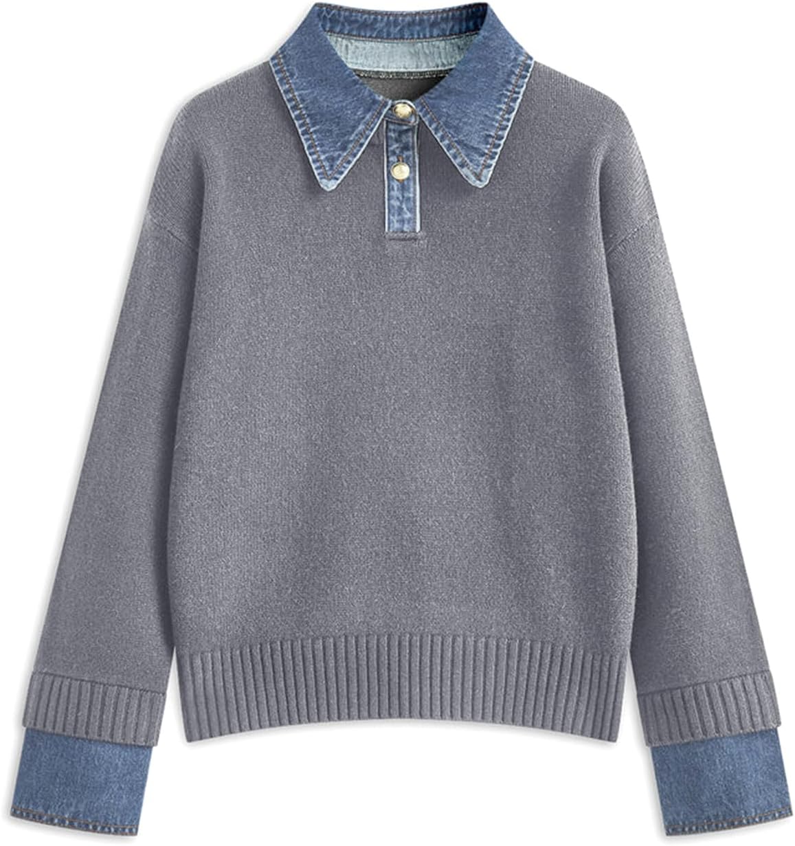 Womens Fall Oversized Long Sleeve Sweaters with Denim Collar