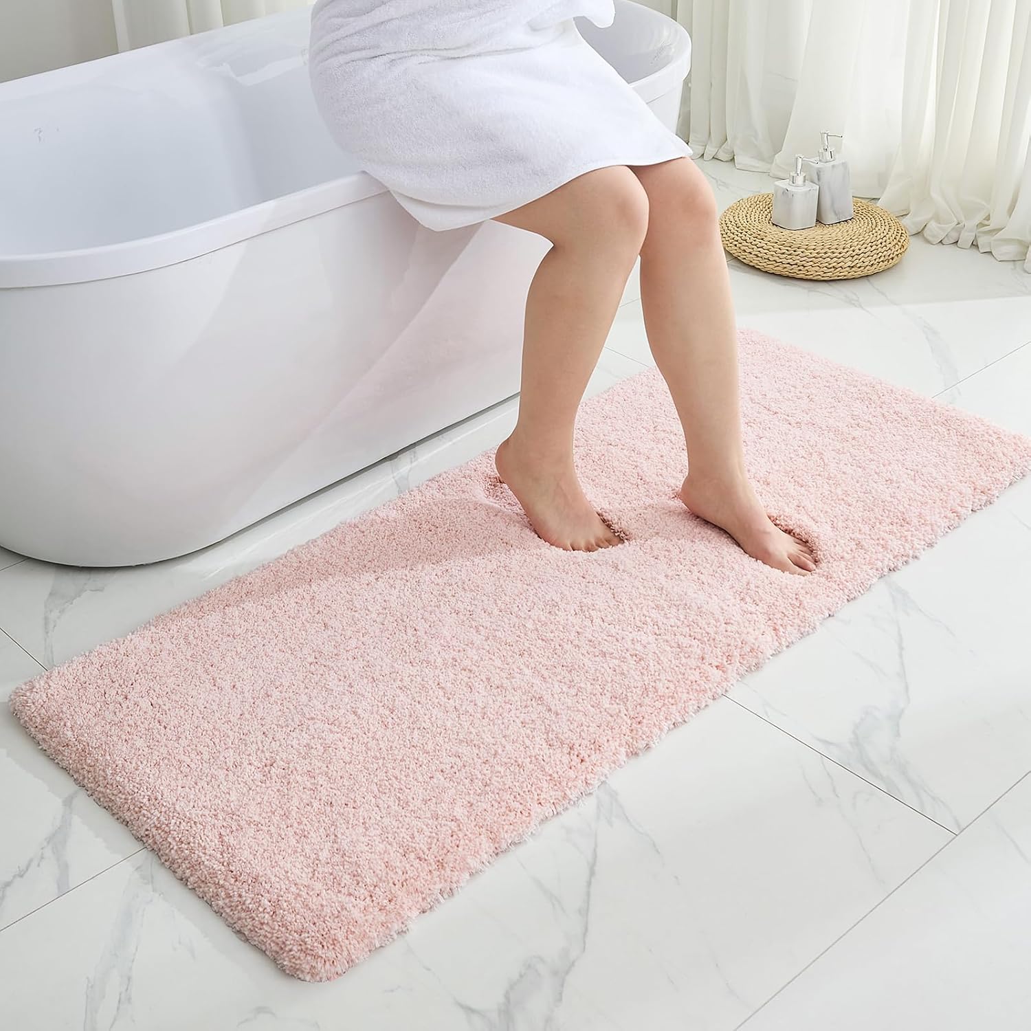 Non Slip Pink Fluffy Bath Mat 24x48 for Luxury Bathroom Floors