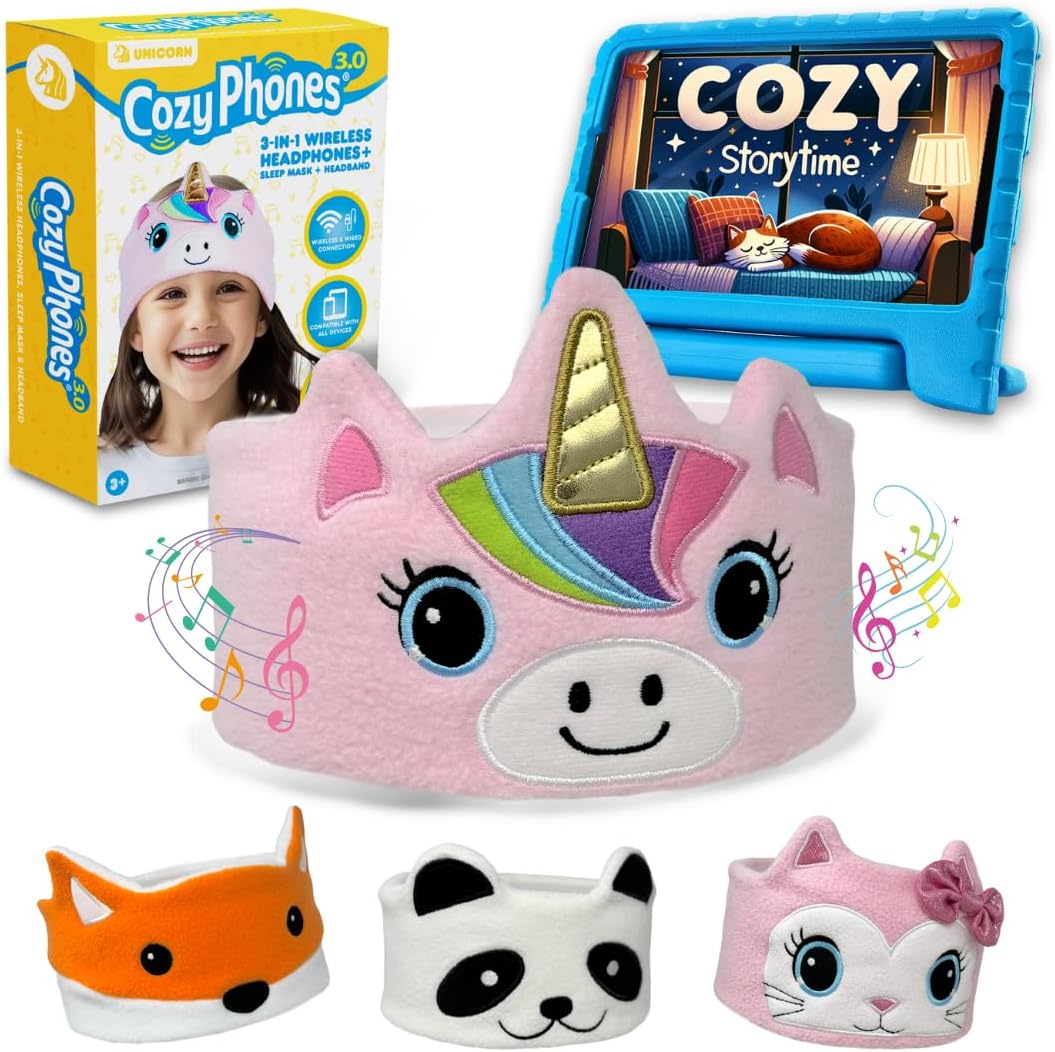 CozyPhones Kids Wireless Headphones - Safe Volume, Travel Bag - Pink Unicorn