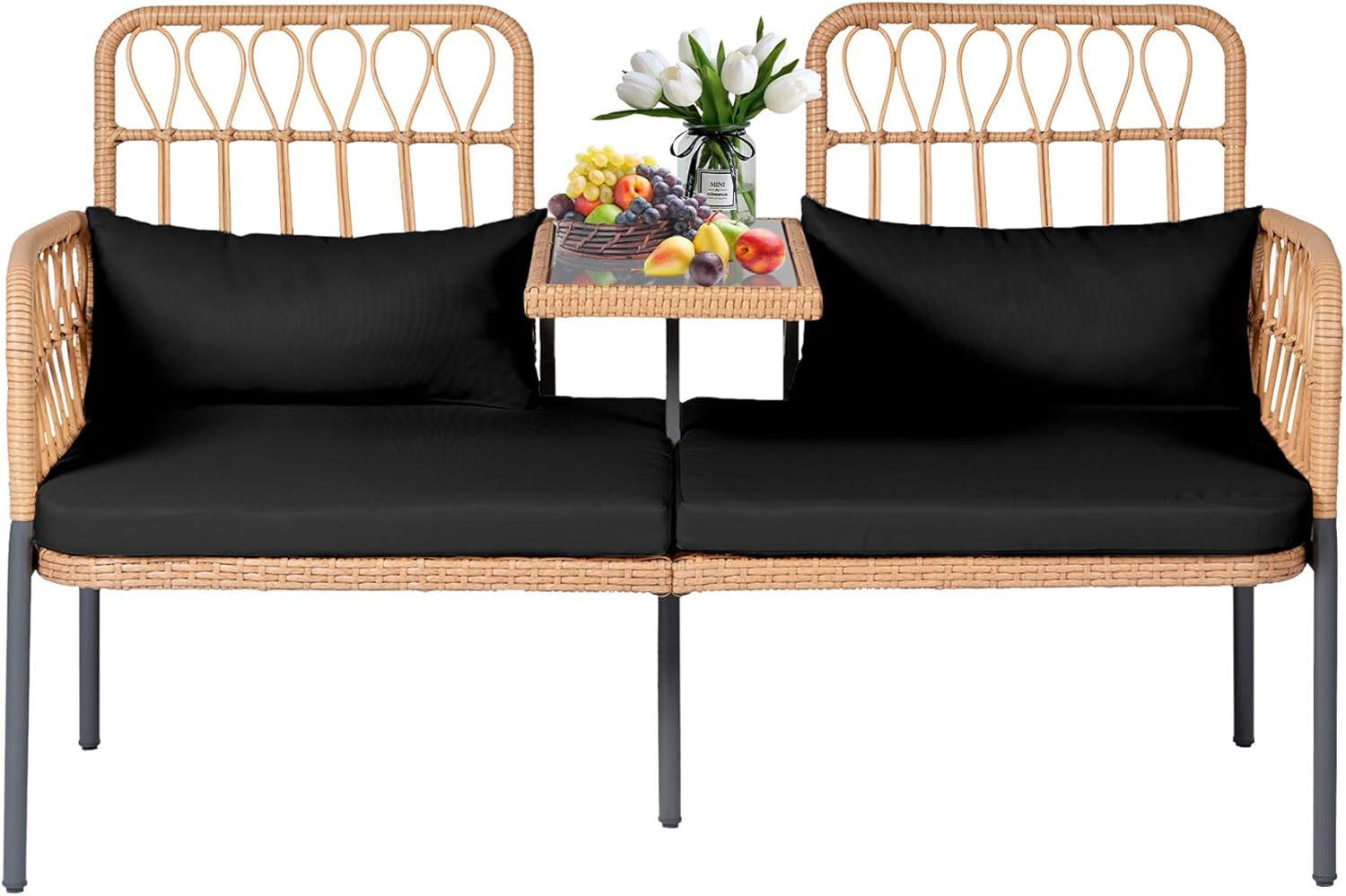 PROHIKER Patio Furniture Outdoor Rattan Loveseat with Table