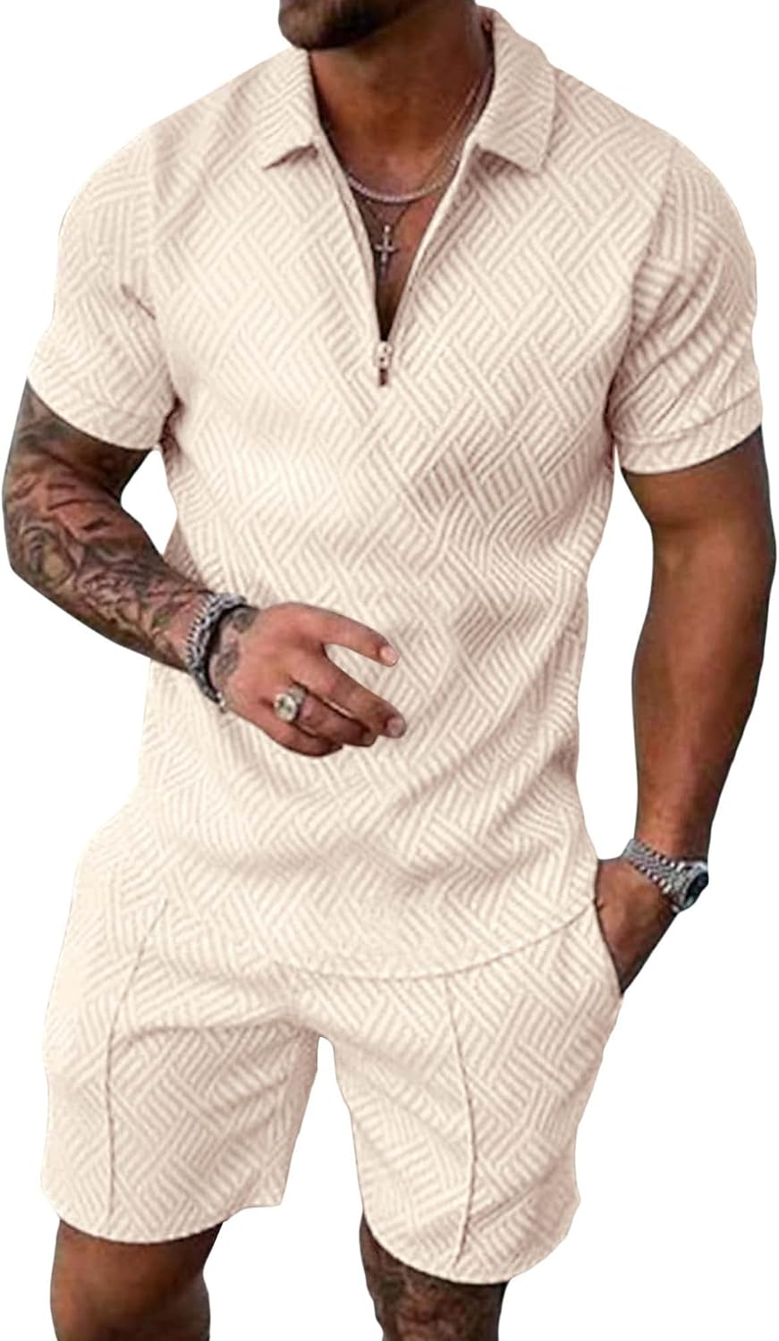 Beotyshow Mens Polo Shirt and Shorts Sets for Summer Style
