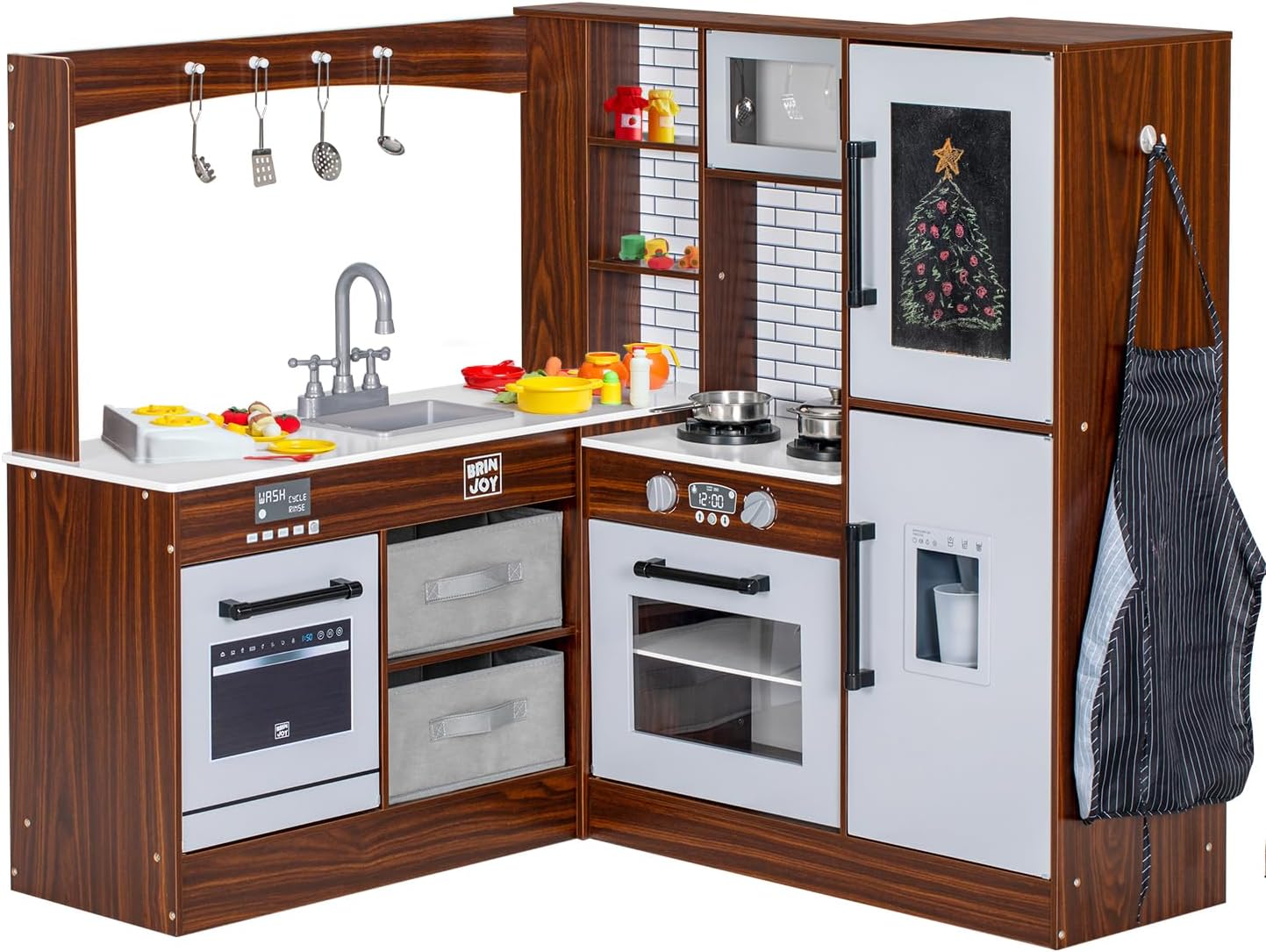 BRINJOY Wooden Corner Kitchen Playset - Interactive Pretend Cooking Fun!
