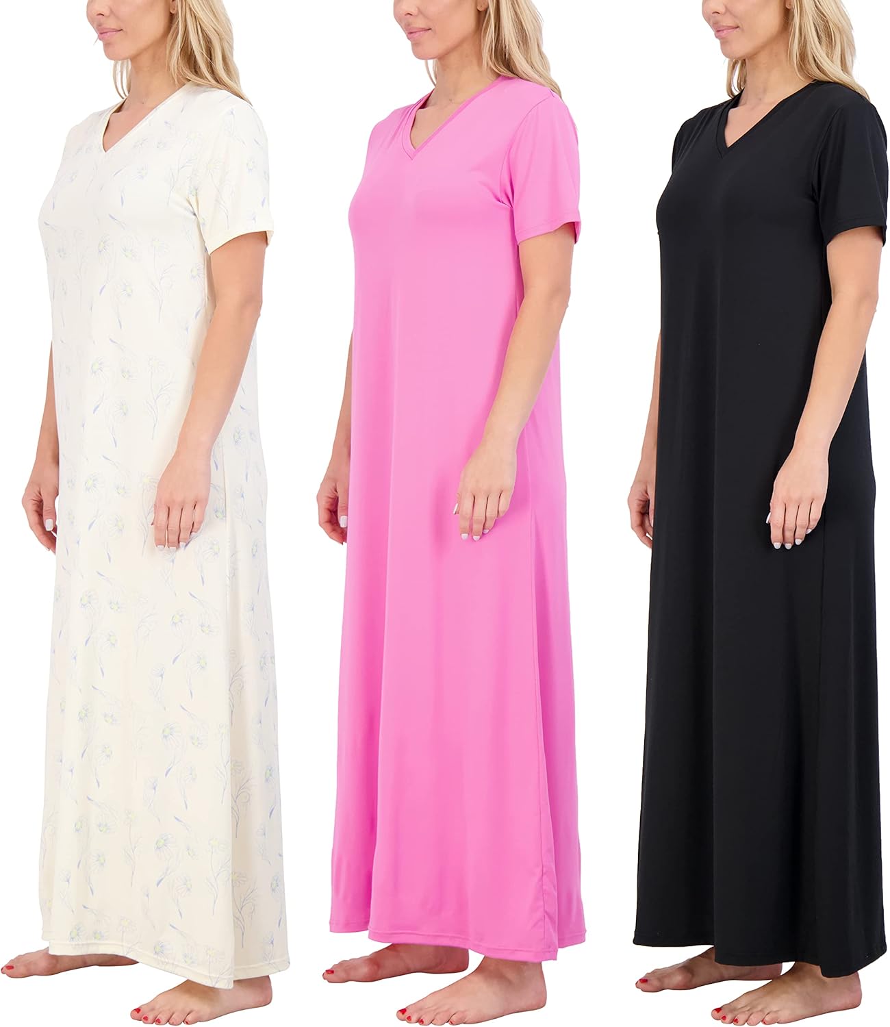 Women's V-Neck Long Nightgowns: Soft Maxi Sleep Dress 3 Pack