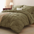 Queen Comforter Set 7 Pieces Pintuck Pinch Pleat Bedding - Soft Olive