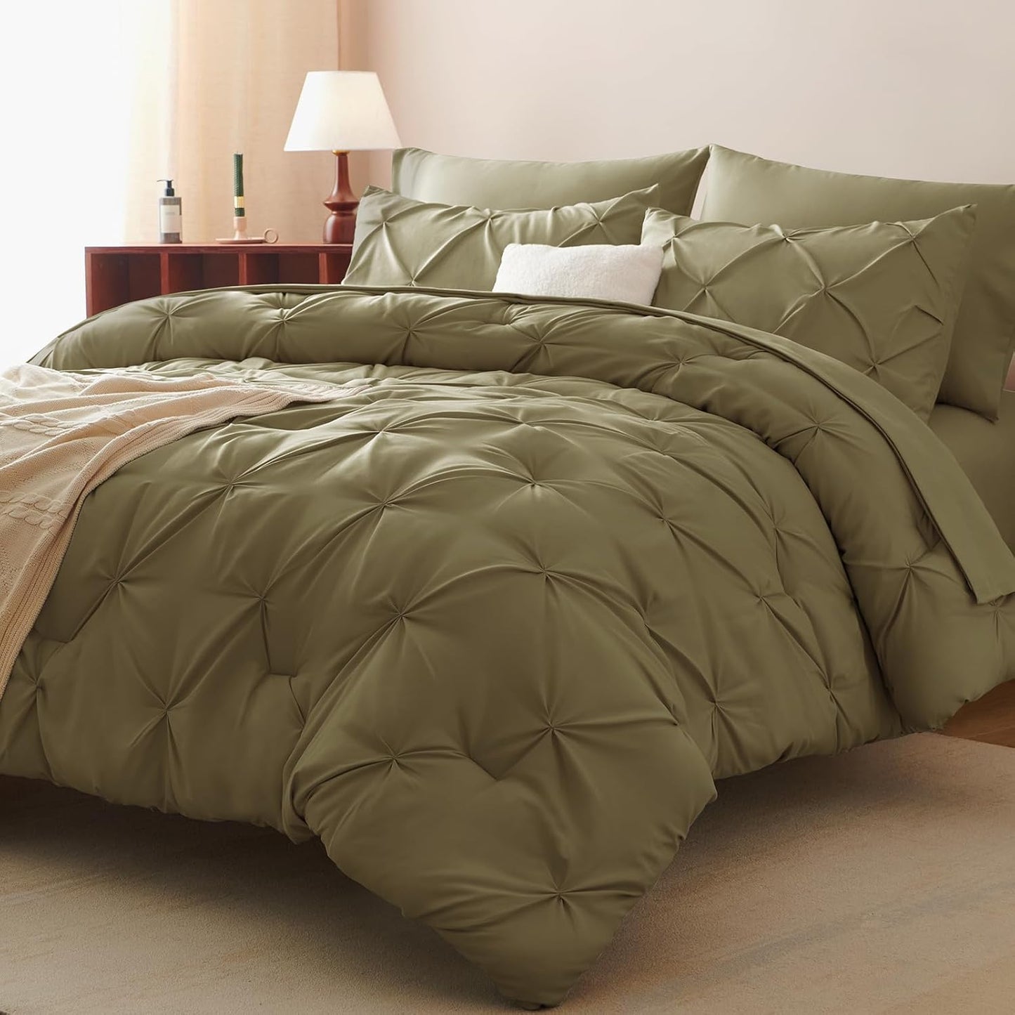 Queen Comforter Set 7 Pieces Bed in A Bag Olive Green Luxury