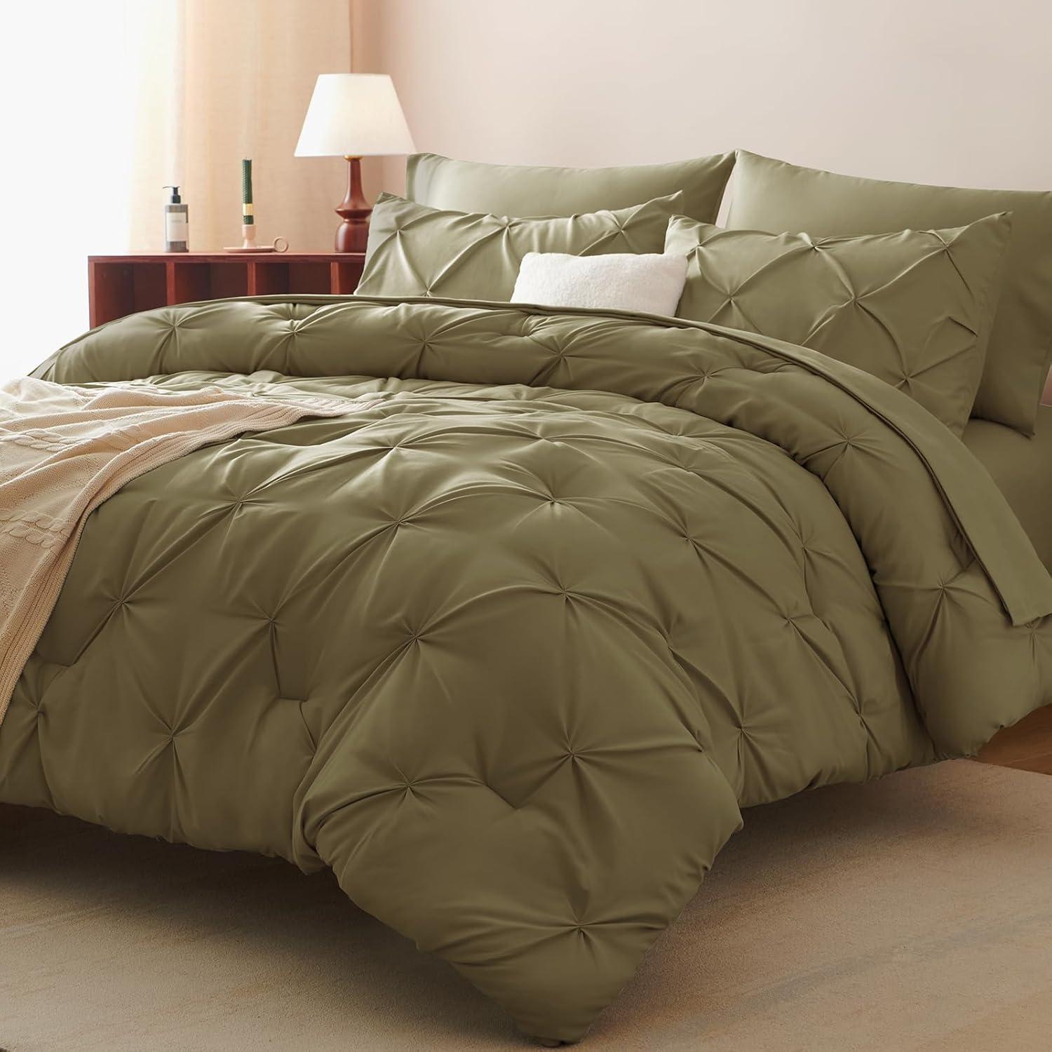 Queen Comforter Set 7 Pieces Bed in A Bag Olive Green Luxury