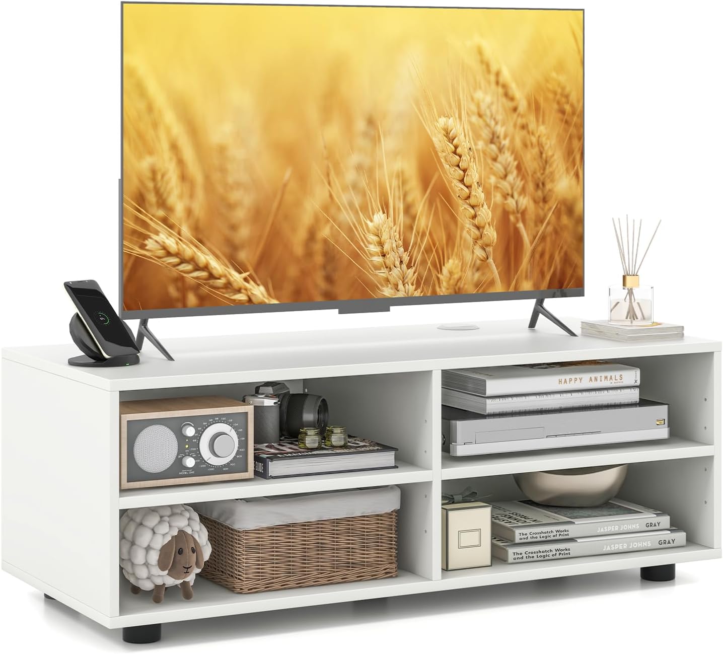 Tangkula White TV Stand with Adjustable Shelves